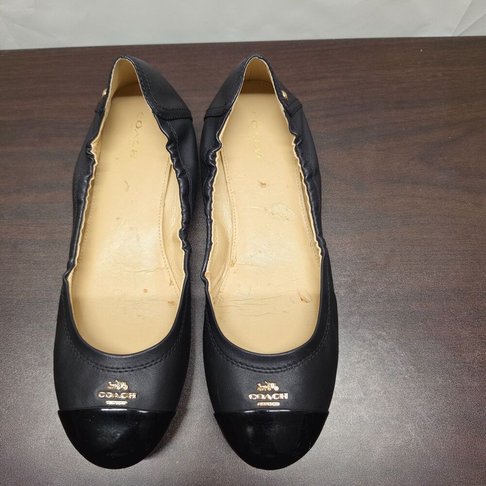 Coach Black Leather Cap Toe Ballet Flats Women’s Size 9 Gold Logo